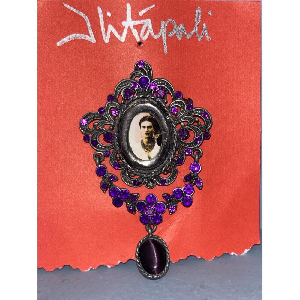 Frida Kahlo Antique Silver Tone Victorian Filigree Large Oval Brooch Purple Pin